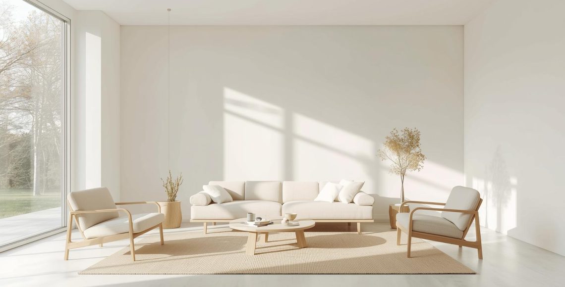 Minimalist living room with neutral furniture, natural light, and modern décor.