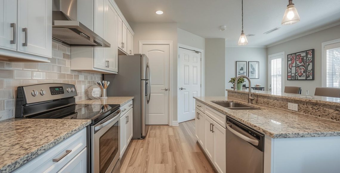 Modern modular kitchen with white cabinets, granite countertops, and built-in appliances