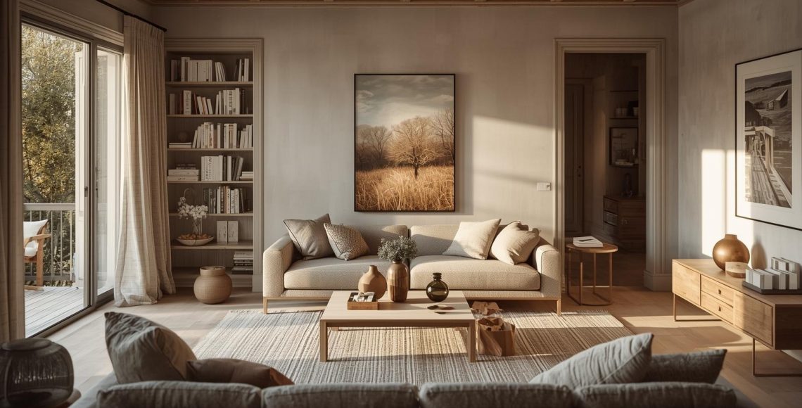 Minimalist interior design living room with neutral tones, wooden furniture, and soft natural lighting