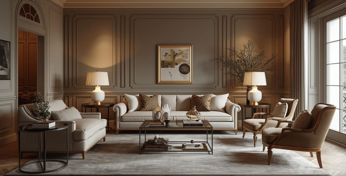 Elegant classic living room interior with neutral beige furniture, paneled walls, soft lighting, and modern decor accents.