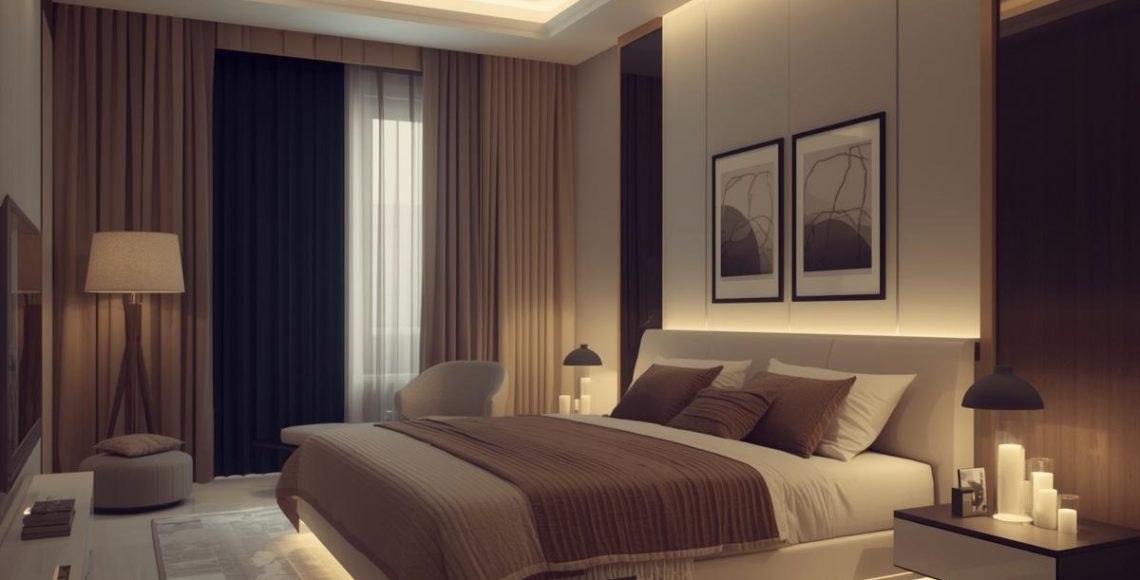 Modern luxury bedroom interior with warm ambient lighting, floating bed, wooden panel accents, and elegant minimalist decor.