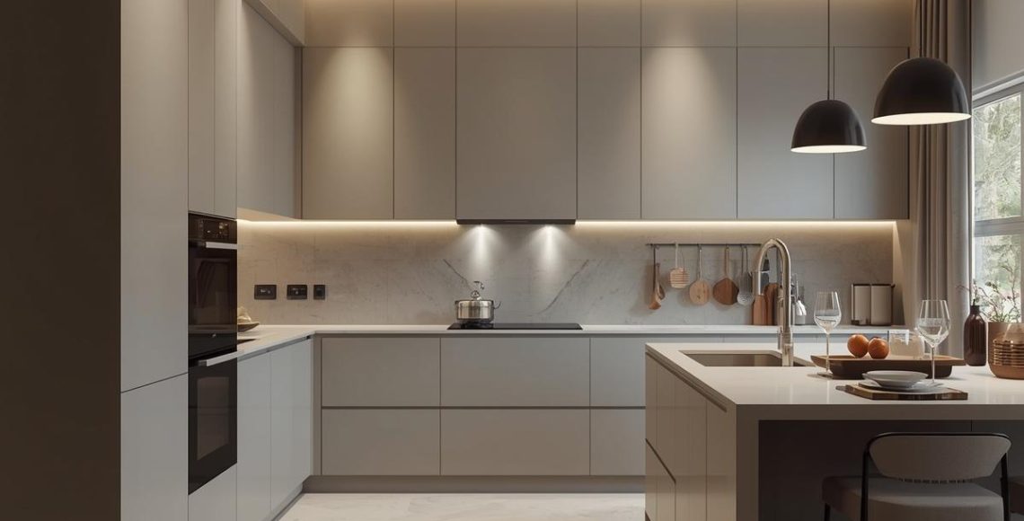 Modern modular kitchen with beige cabinets, marble backsplash, island counter, and warm ambient lighting creating a clean and elegant space.
