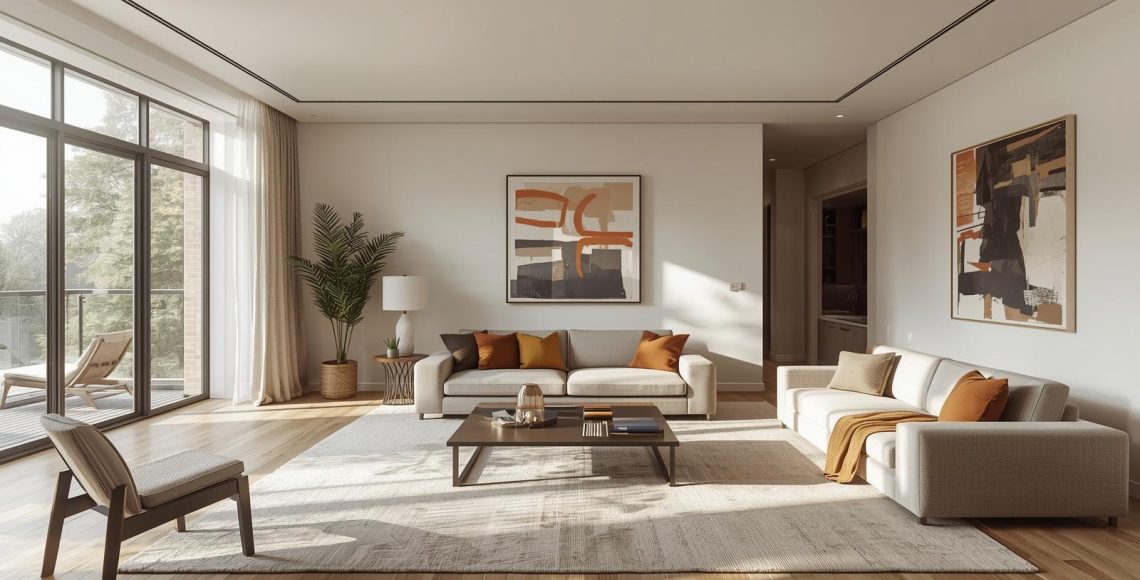 Modern minimalist living room interior with beige sofas, wooden flooring, large windows, natural light and elegant wall art.