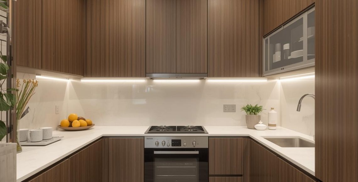 Modern U-shaped modular kitchen design with wooden cabinets, white countertop, built-in oven, and under-cabinet lighting.