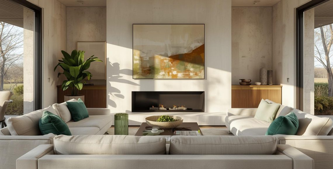 Modern minimalist living room interior with neutral tones, elegant sofas, indoor plants, large windows, and a stylish fireplace creating a warm and sophisticated space.