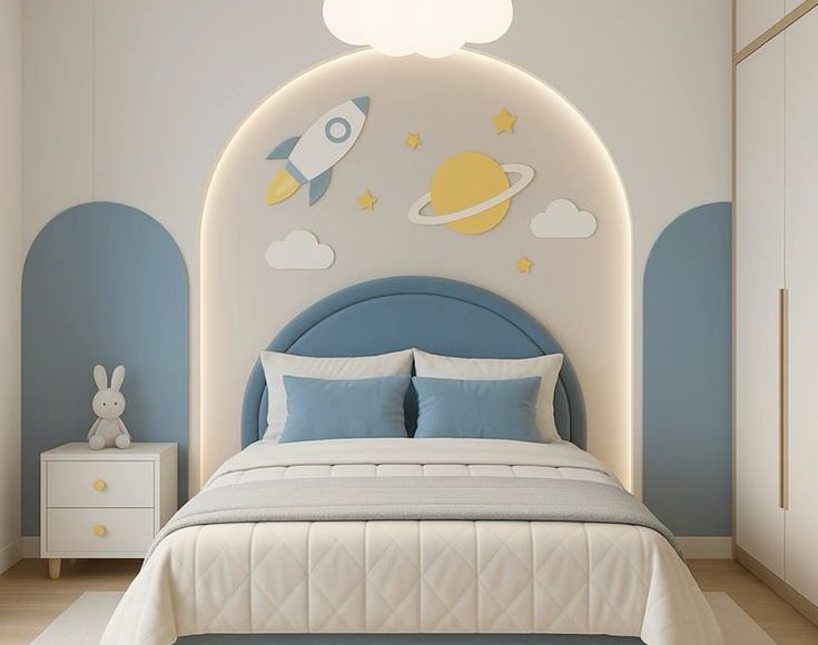 Modern kids' bedroom design with space theme wall decor, soft lighting, and minimal furniture in pastel tones