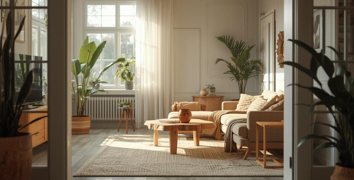 Bright modern living room interior with wooden furniture, indoor plants, large window, and natural sunlight creating a warm and perfect atmosphere.