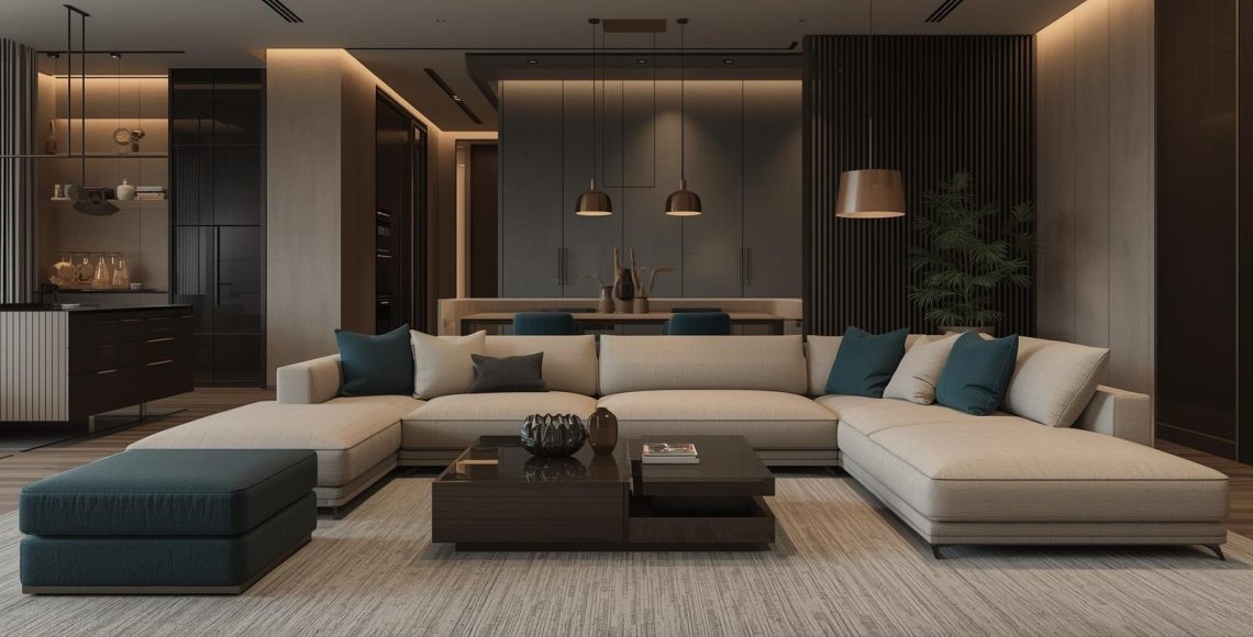 Modern luxury living room interior with a large sectional sofa, warm ambient lighting, wooden wall panels, and a stylish open kitchen layout.