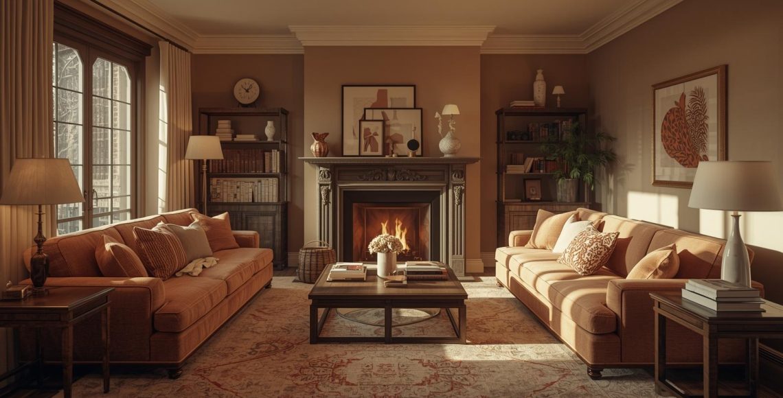 living room with warm lighting, two sofas facing a fireplace, wooden coffee table, and decorative shelves.