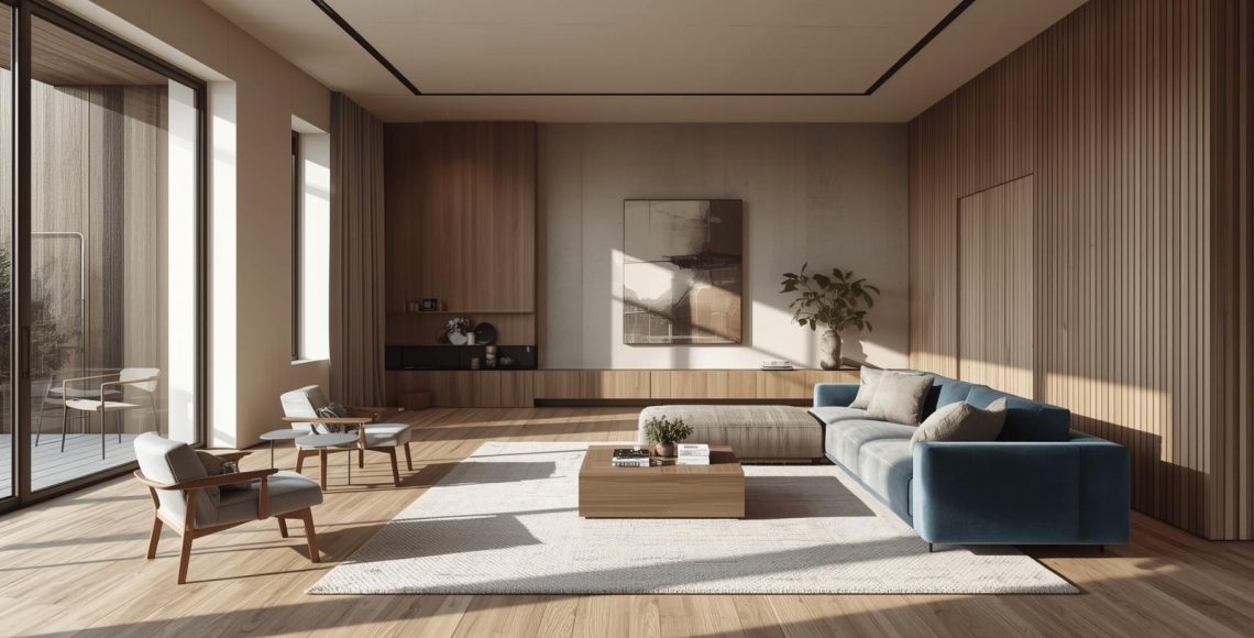 Modern minimalist living room with wooden wall panels, large glass windows, natural sunlight, and a contemporary blue sofa with wooden furniture.