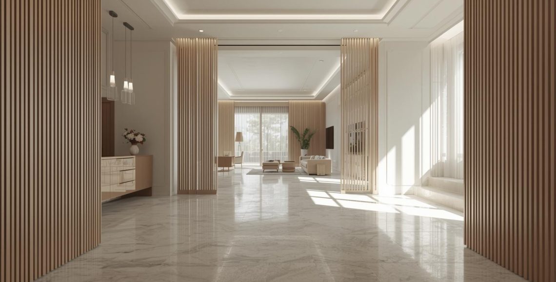 Bright modern luxury living room with marble flooring, wooden partition panels, large windows, and soft neutral interior design.