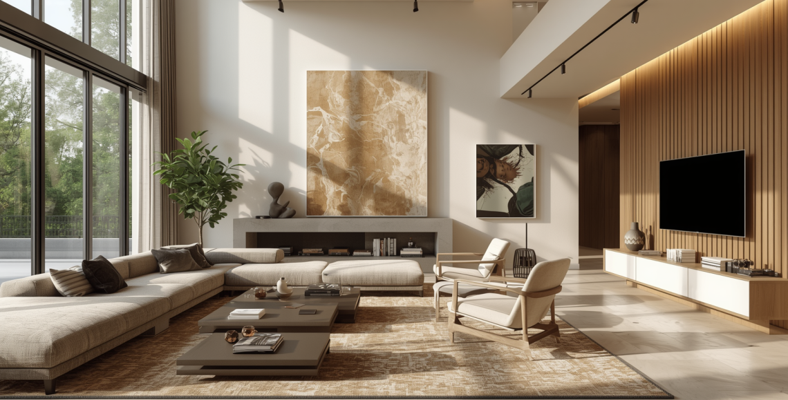 Luxury modern living room interior with large sofa, wooden accent wall, TV unit, and bright natural lighting