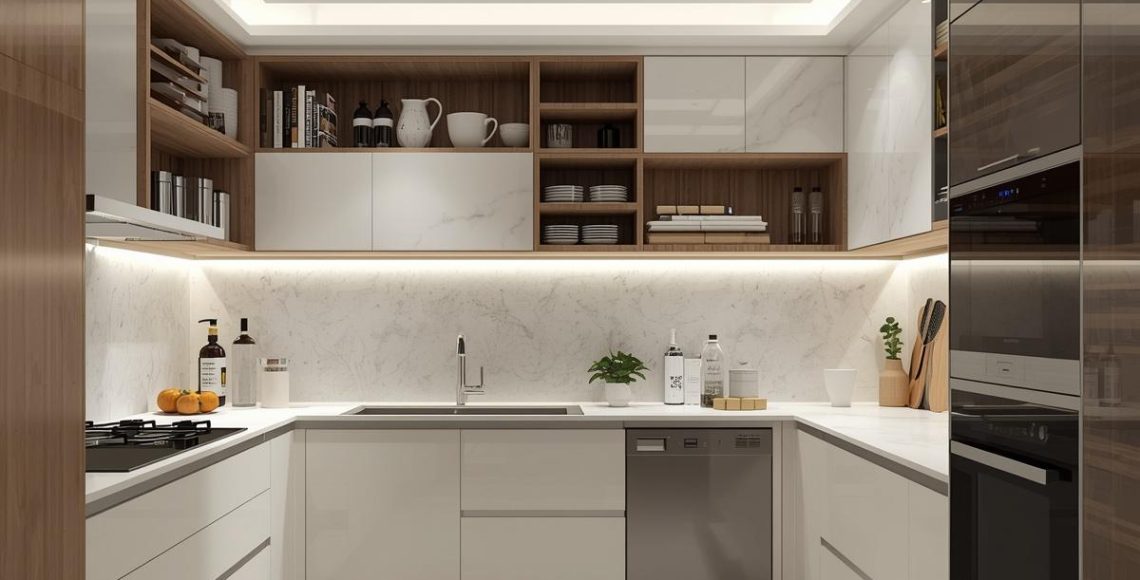 Modern U-shaped modular kitchen with white cabinets, wooden accents, marble backsplash, and integrated appliances