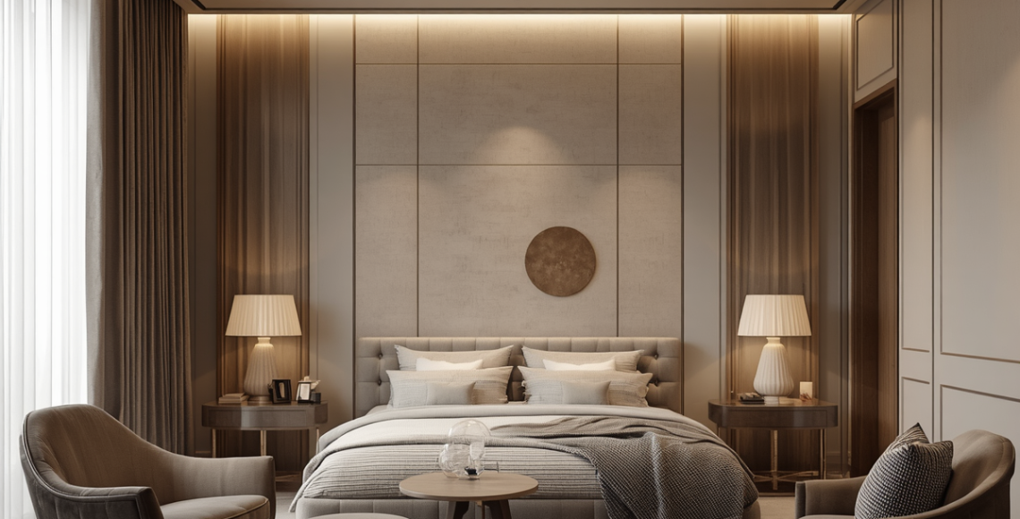 Modern luxury bedroom interior with warm lighting, wooden panel walls, upholstered bed, and elegant seating arrangement