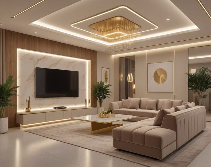 Luxury modern living room with marble TV wall, beige sectional sofa, ambient ceiling lighting.