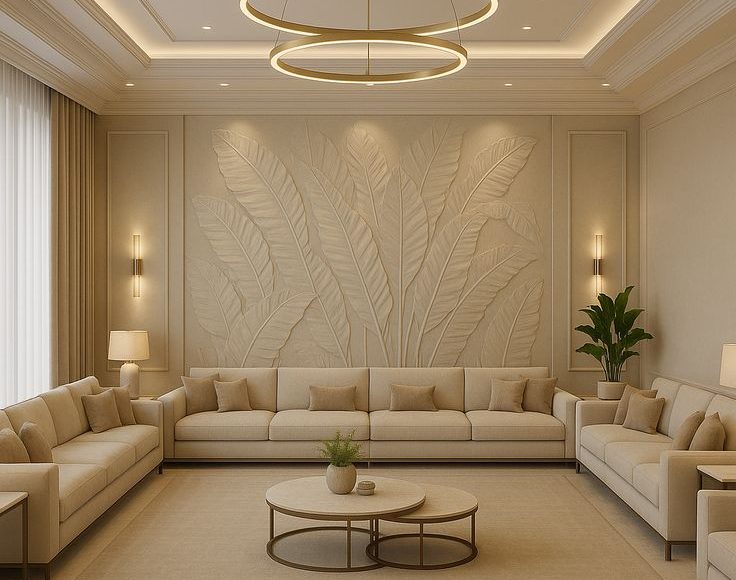 Modern luxury living room with beige sofa set, textured leaf wall design, and elegant circular ceiling lights