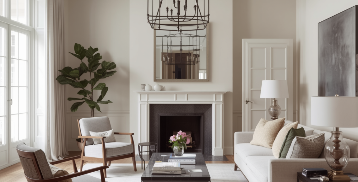 Elegant living room interior with neutral color palette, wooden armchairs, soft sofa, fireplace, and modern classic decor with natural lighting.