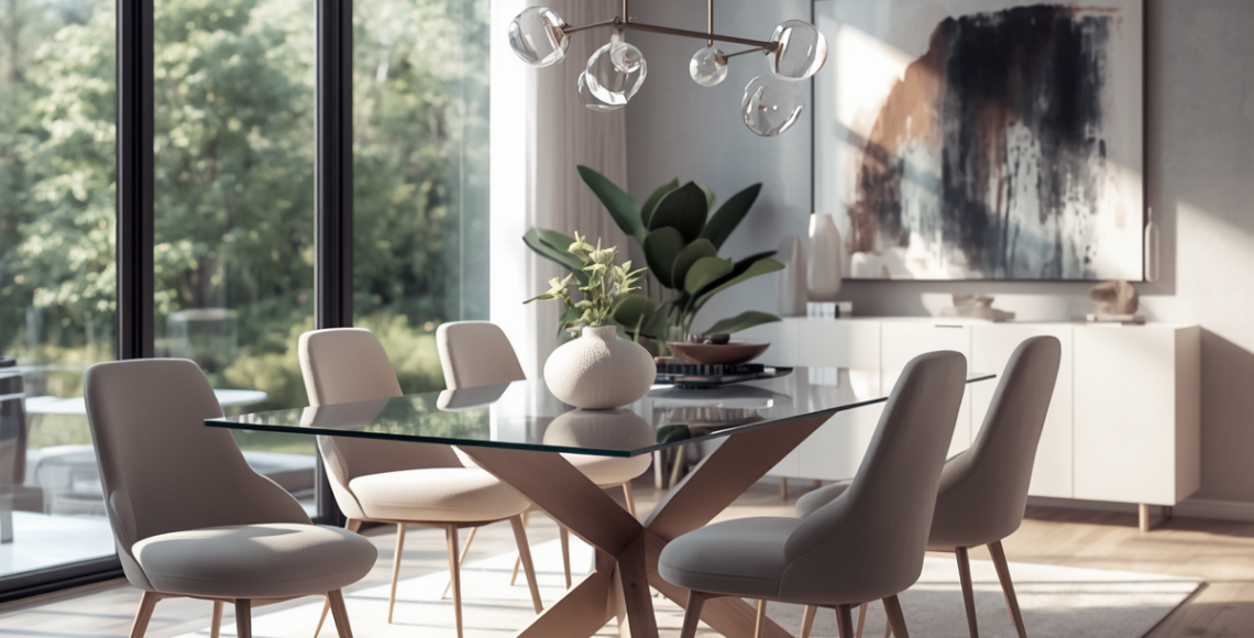 Modern luxury dining room interior with a glass-top dining table, upholstered chairs, elegant pendant lighting, large floor-to-ceiling windows, and minimal contemporary décor.