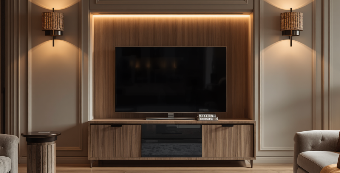 Modern luxury living room with a stylish wooden TV unit, warm ambient lighting, wall paneling, and elegant contemporary furniture.