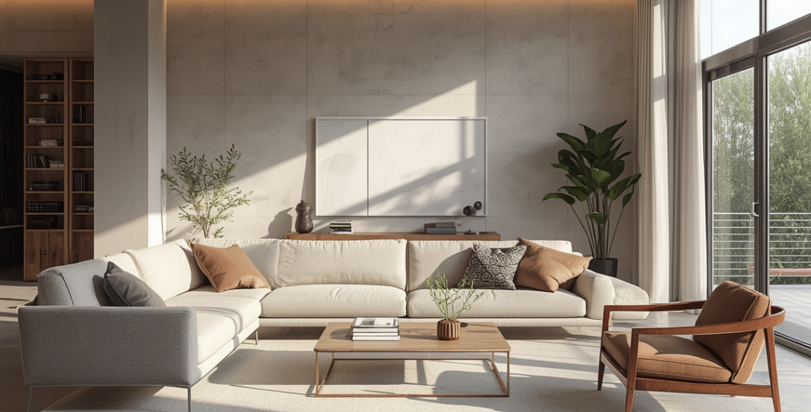 Modern minimalist living room with beige sectional sofa, wooden accent chair, natural sunlight, and elegant neutral-toned interior decor