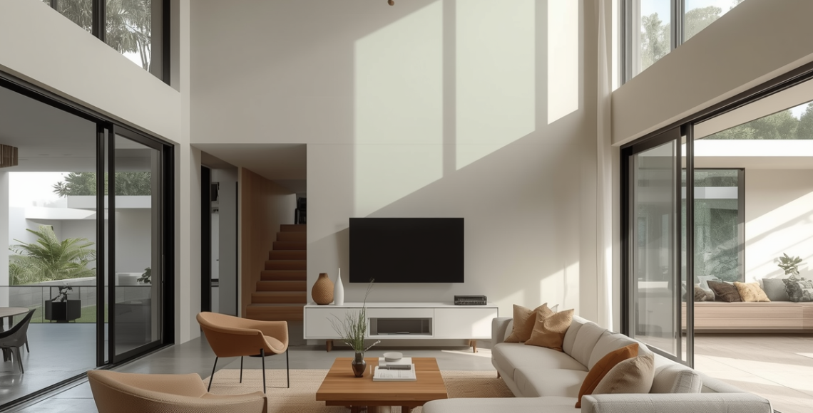 Modern double-height living room with large glass windows, neutral-toned furniture, wooden accents, and abundant natural light