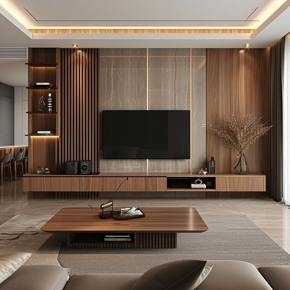 Premium walnut wood wall paneling and TV unit with warm wood finish, showcasing durable and elegant home interiors.