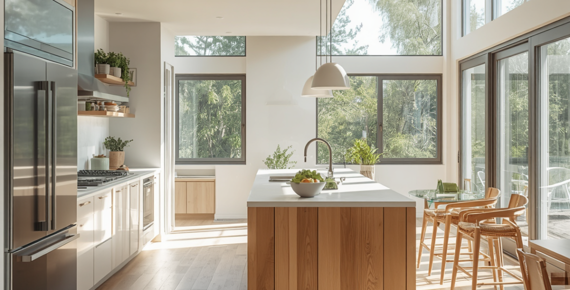 Modern open kitchen interior with wooden island, large windows, natural lighting, and contemporary dining area design for Kerala homes.