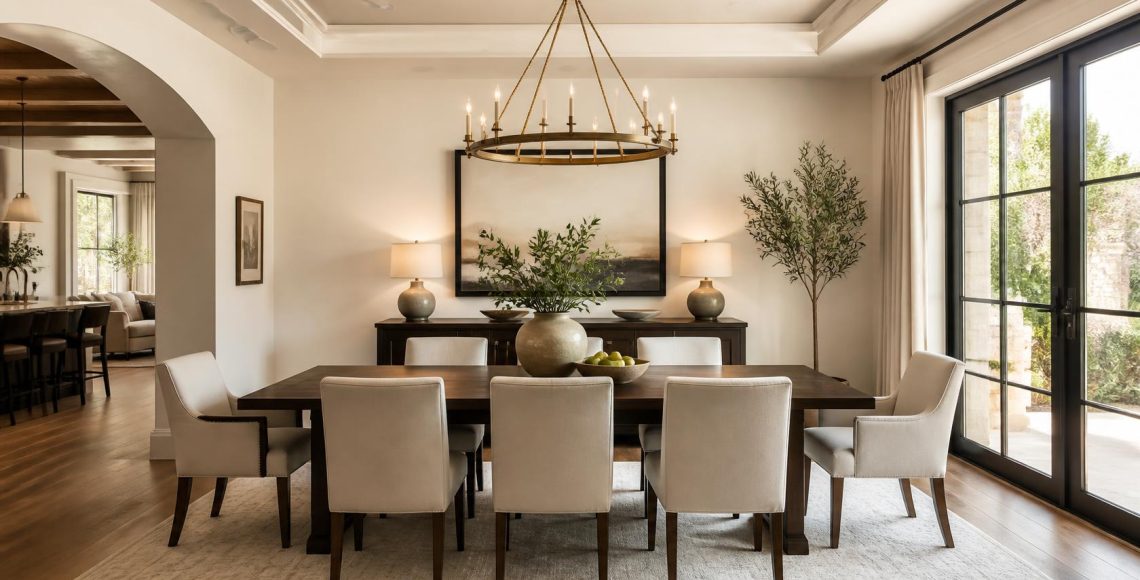 Modern dining room featuring a solid wood dining table with six upholstered chairs, a statement chandelier, large floor-to-ceiling windows, natural light, warm neutral tones, elegant décor, and contemporary interior design.
