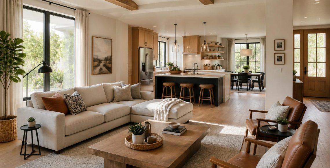Bright modern open-concept living room and kitchen featuring a neutral sectional sofa, wooden furniture, large windows with natural light, warm wood accents, pendant lighting, and a cozy contemporary interior design.