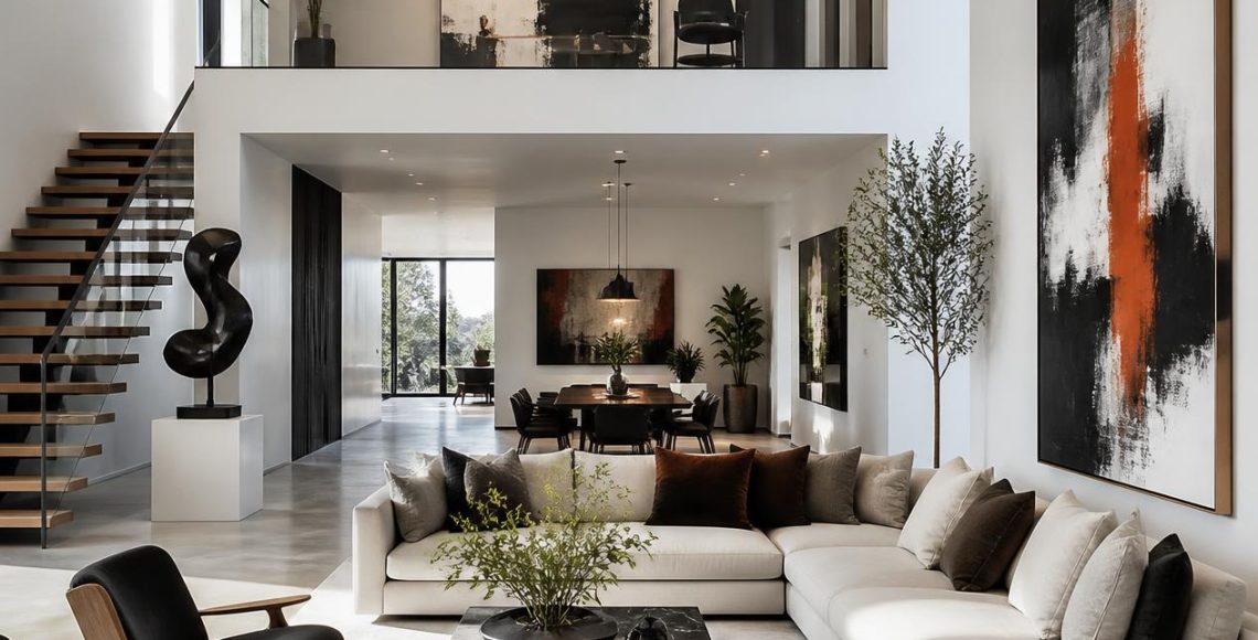 Modern luxury living room with a double-height ceiling, elegant white sofa, floating wooden staircase, black accent furniture, and contemporary décor designed for a spacious and sophisticated home.