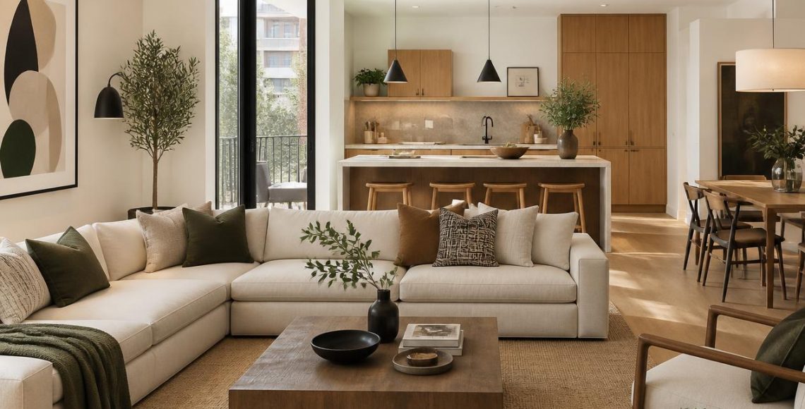 Modern open-plan living room with a comfortable sofa, wooden kitchen, dining area, and warm neutral interiors.