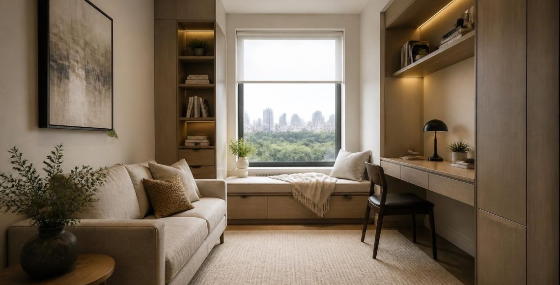 Modern contemporary living room interior with a beige sofa, built-in wooden cabinetry, window seating, warm ambient lighting, and a city view.